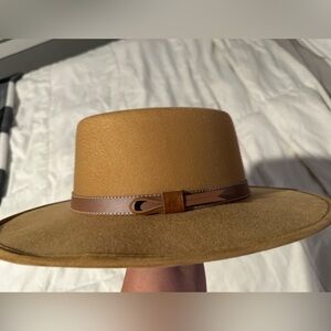 Tan Wide Brim Hat with Brown Ribbon size Large